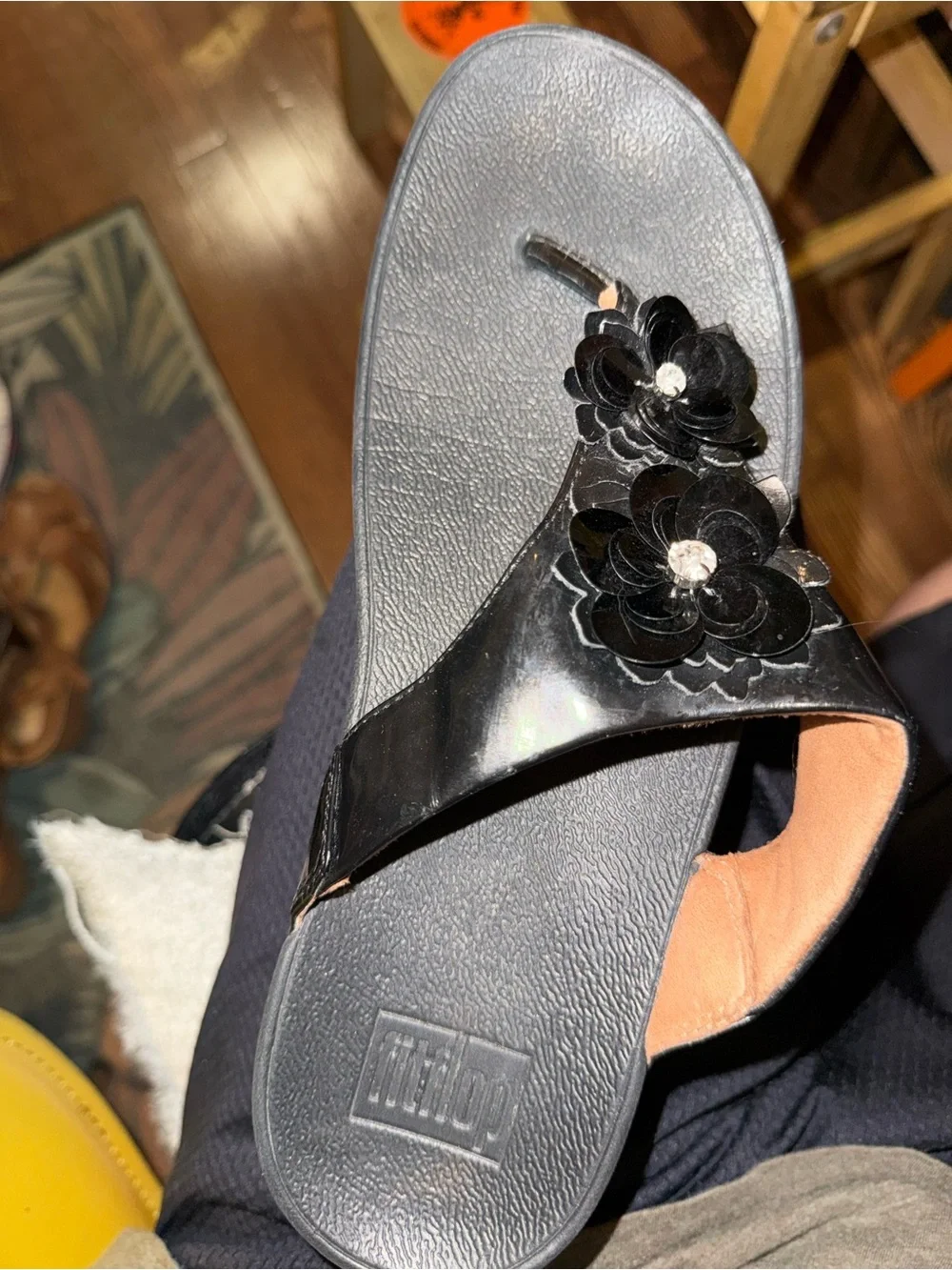 FitFlop Black Floral Toe-Post Sandal with Rhinestone Detail
